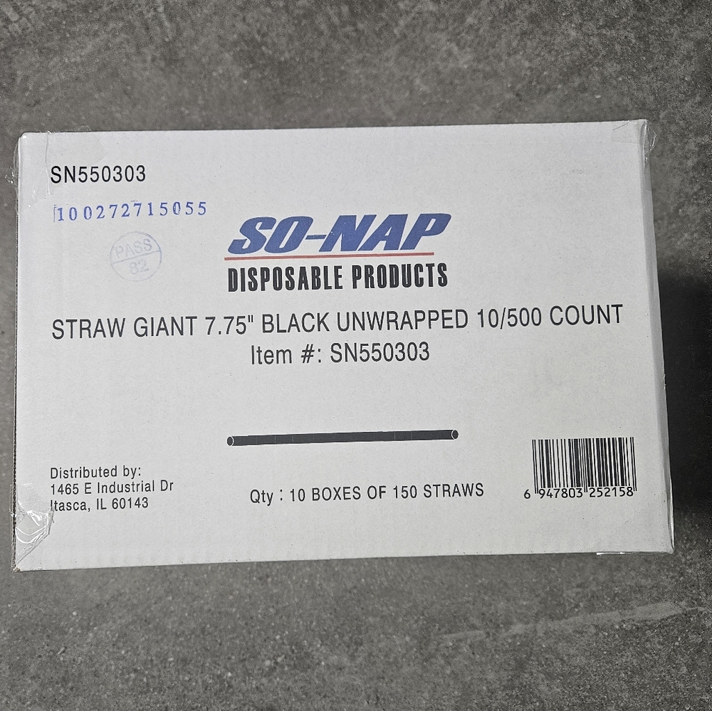 Case of 1500 SO-NAP Giant 7.75" Black Plastic Straws - Unwrapped Bulk Refill